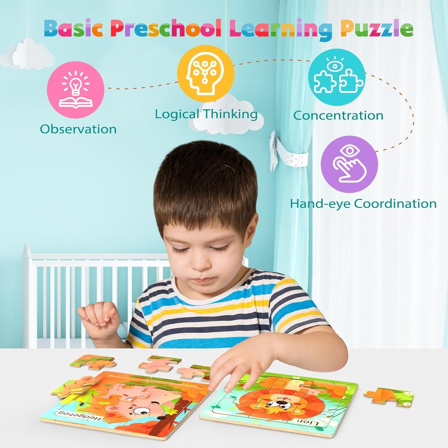 Wooden Puzzles for Toddlers, 8 Pack Animal Jigsaw Kids3-5, 9…
