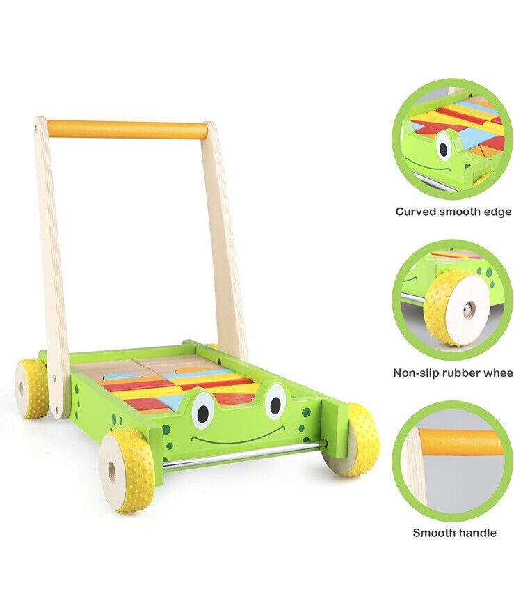 New — Jamohom Wooden Frog Baby Learning Walker Activity Center Toy with Blocks