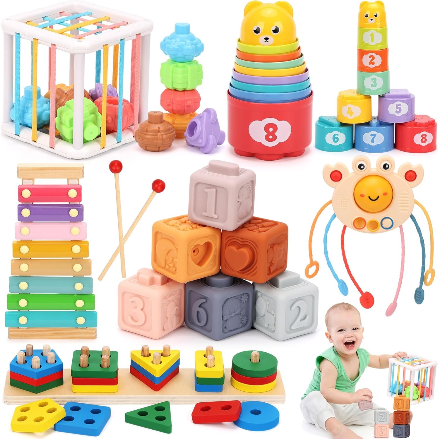 6 in 1 Montessori Baby Toys 6-12-18 Months Infant Teething Toys Stacking Blocks