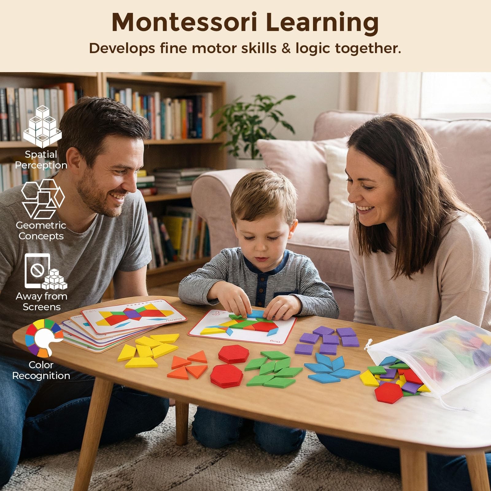 Wooden Pattern Blocks Set for Kids, Geometric Shapes with Learning Cards, 150…