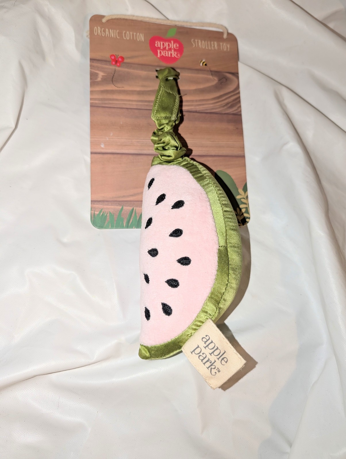 Apple Park Organic Pink Watermello Baby Stroller Toy Vibrating Pull String – new