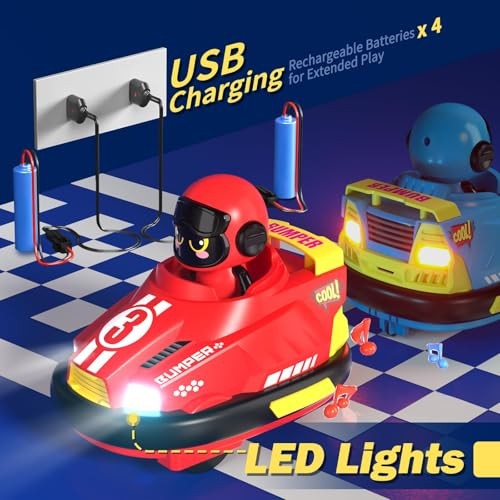 2 Pack Cute Cartoon Remote Control Bumper Car for Toddlers-Mini RC Red+Blue