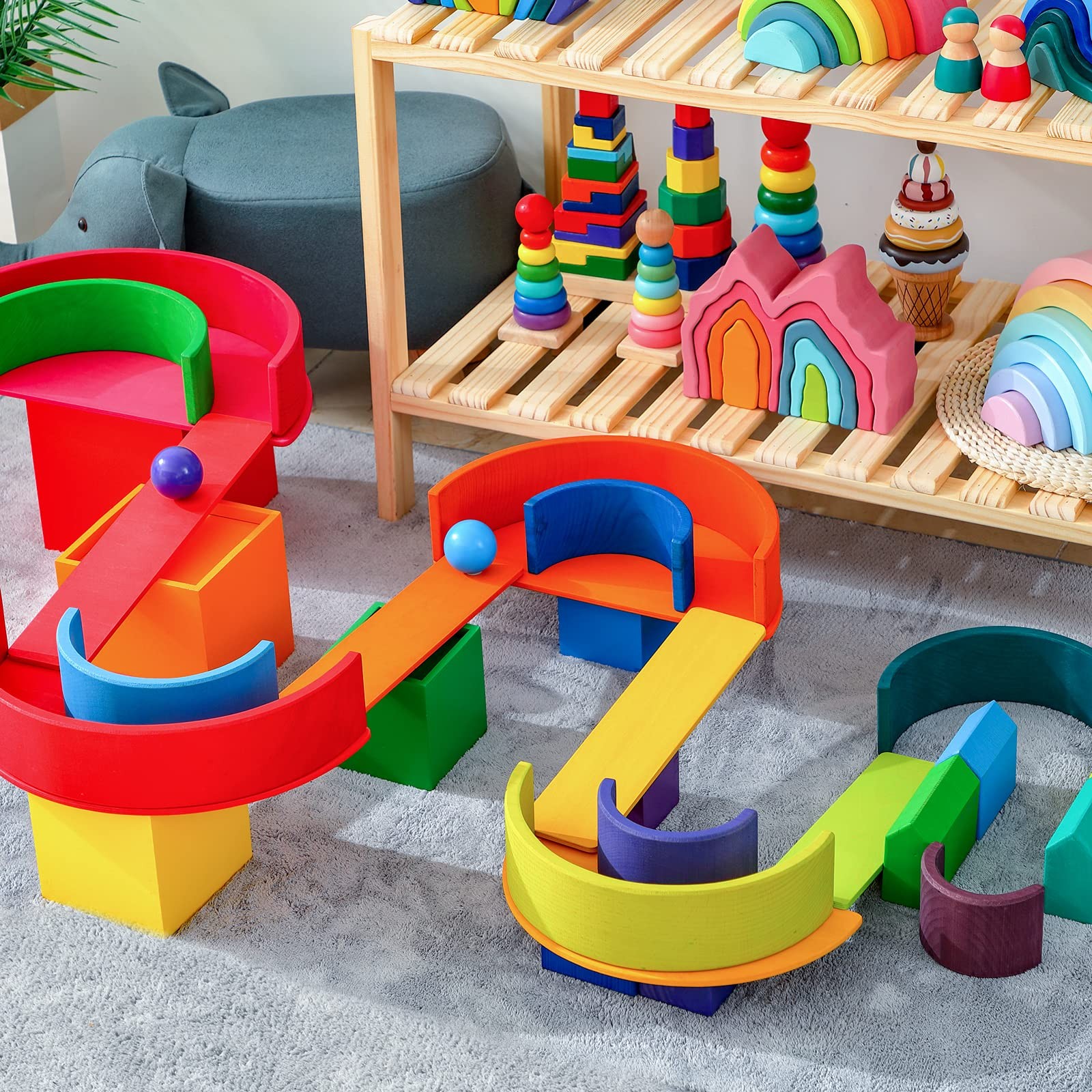 Wooden Rainbow Stacking – 12 Pieces Extra Large Montessori Wooden Stacking Ar…