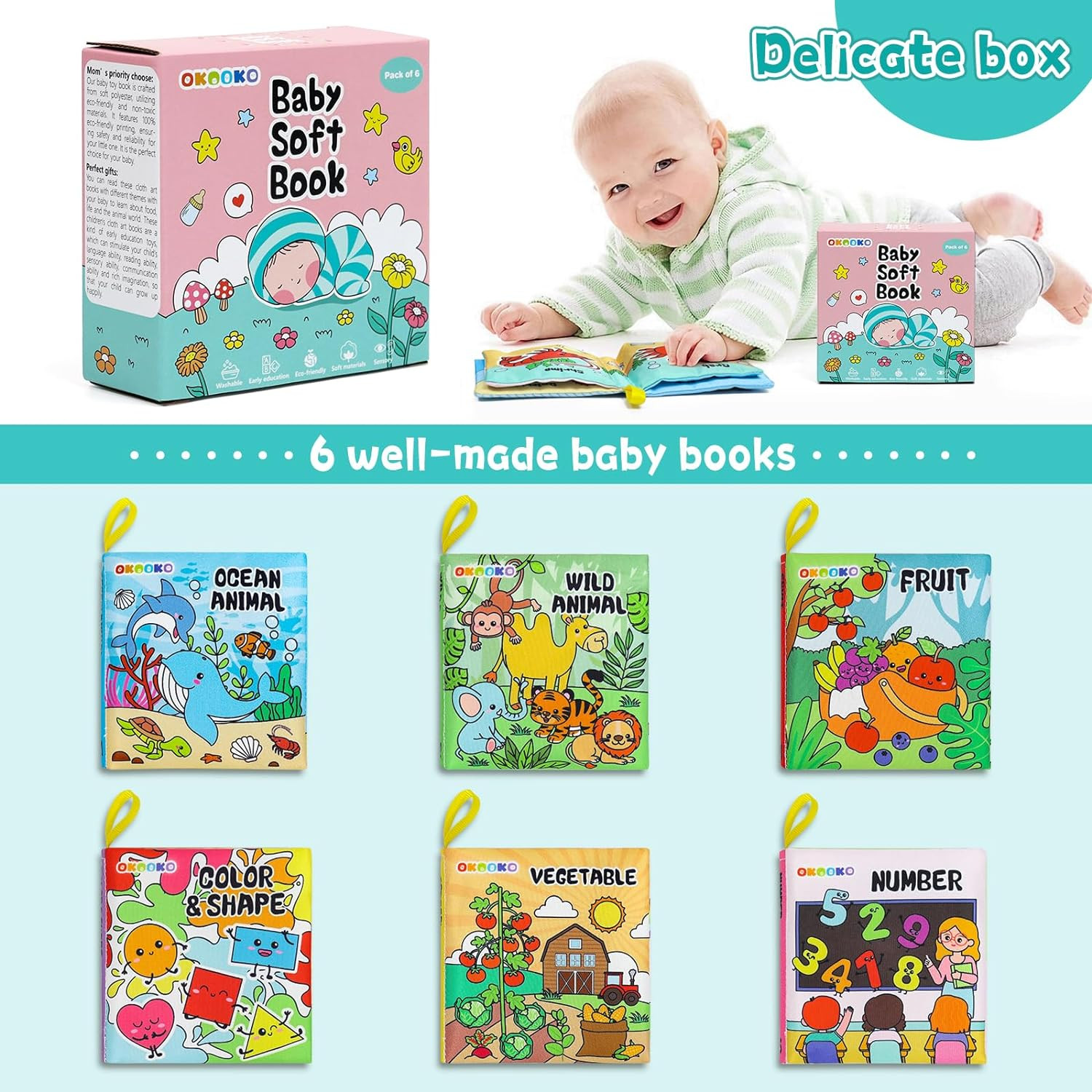 Soft Baby Books 6PCS Soft Cloth Books Bath Books Crinkle Washable Non-Toxic Earl