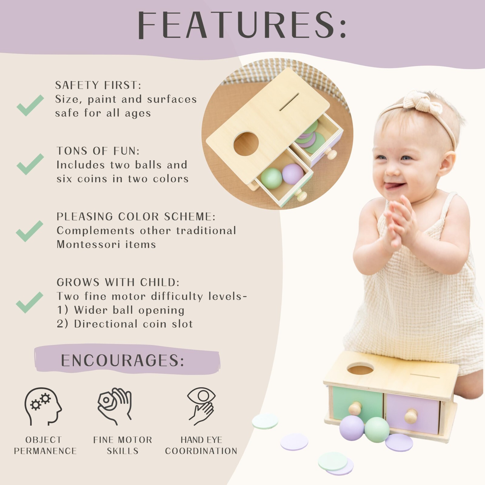 Montessori Wooden Shape Sorter Toy for 1-3 Year Old with Object Permanence Focus