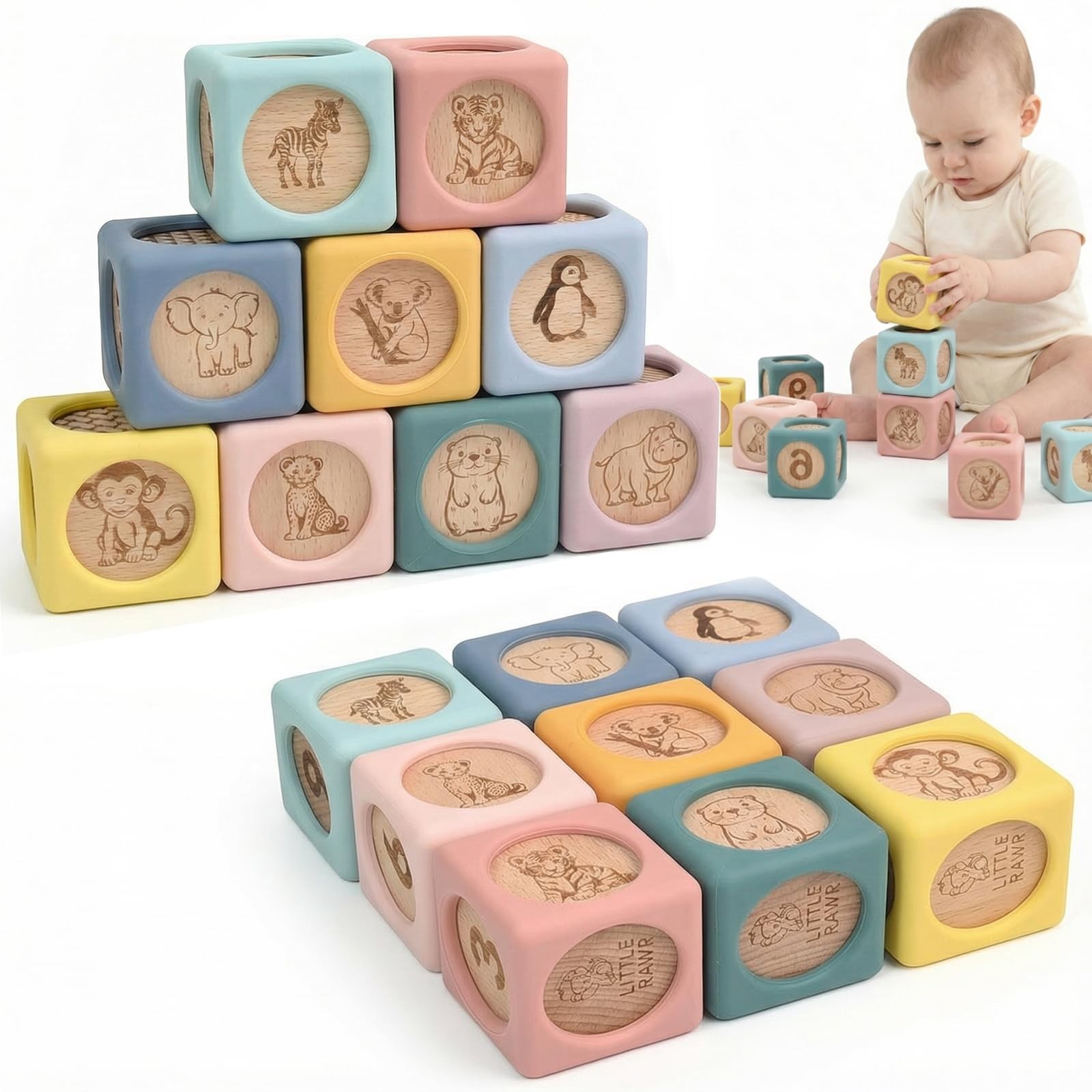 9 Pcs Baby Silicone & Wooden Stacking Blocks, Food-Grade Silicone Baby Toy wi…