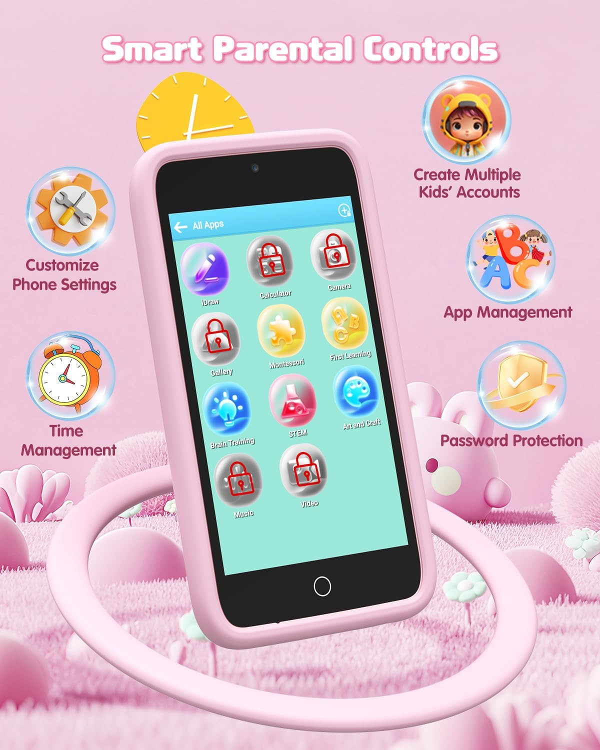 Kids Smart Toy Phone, Dual Camera with Stickers, 3.97″ Touchscreen Learning Toy
