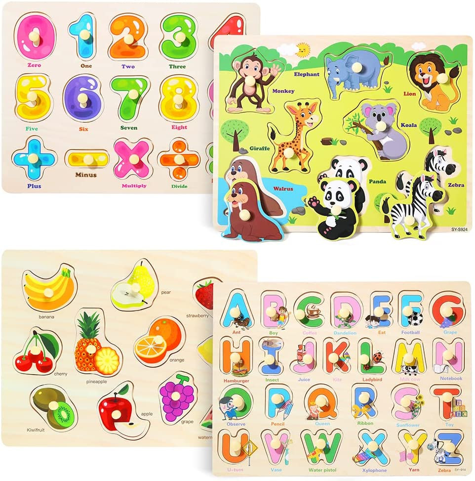 GRINNNIE Wooden Peg Puzzle for Toddlers 3 4 5 Years Old, 4 PCS Montessori Educat