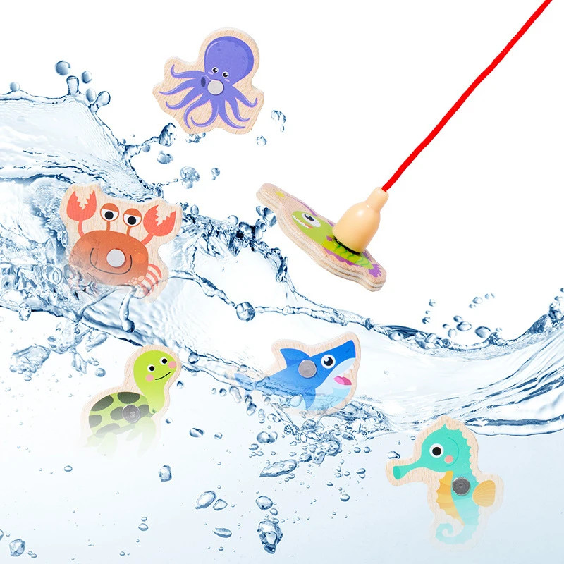 Montessori Wooden Magnetic Fishing Toys Marine Life Cognition Fish Games Early E