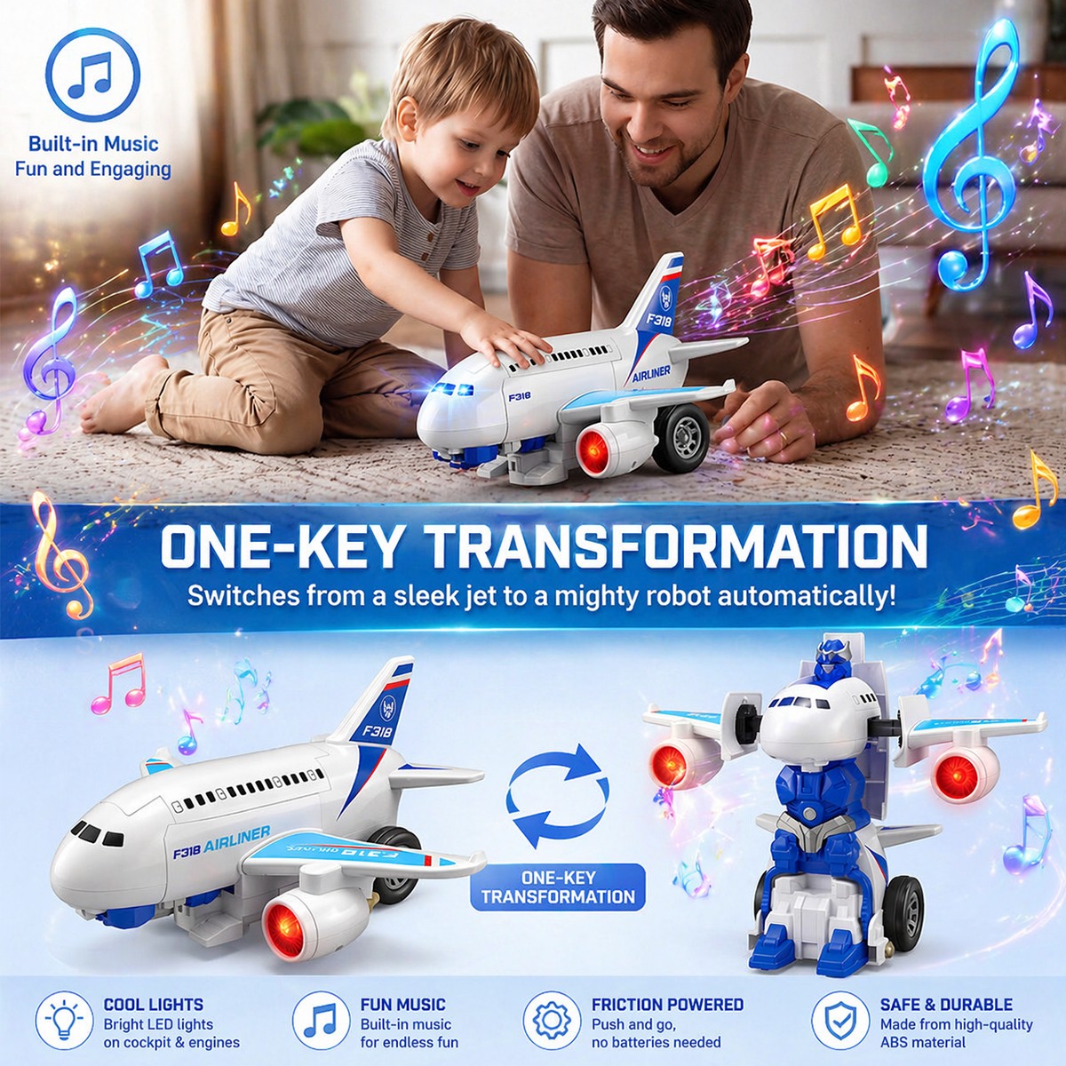 Transforming Robot Airplane Toy with Lights & Music, Aircraft Convertible