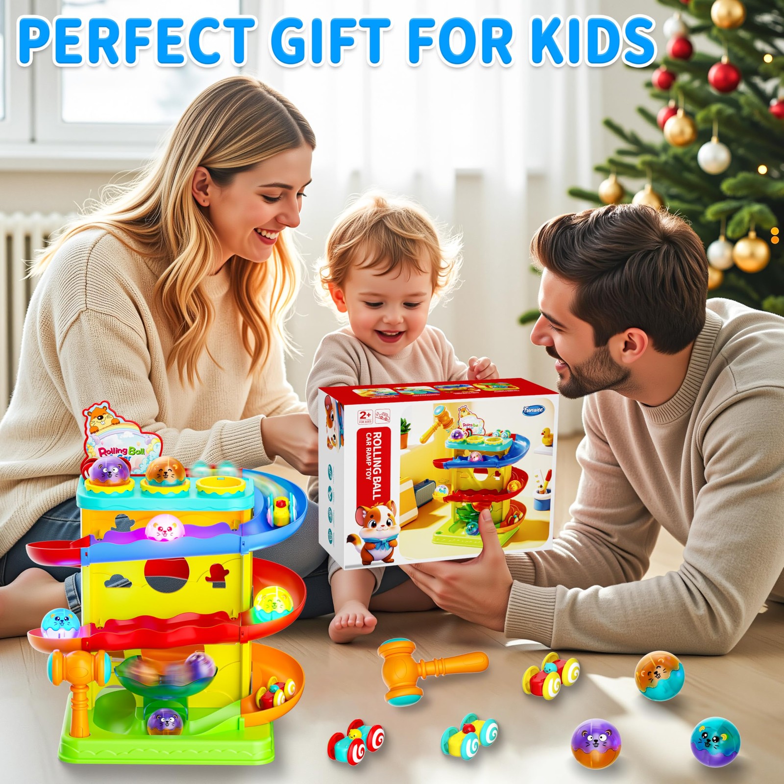 2-in-1 Light Up Rolling Ball & Racing Car Ramp Toddler Toy, Race Track Hammer…