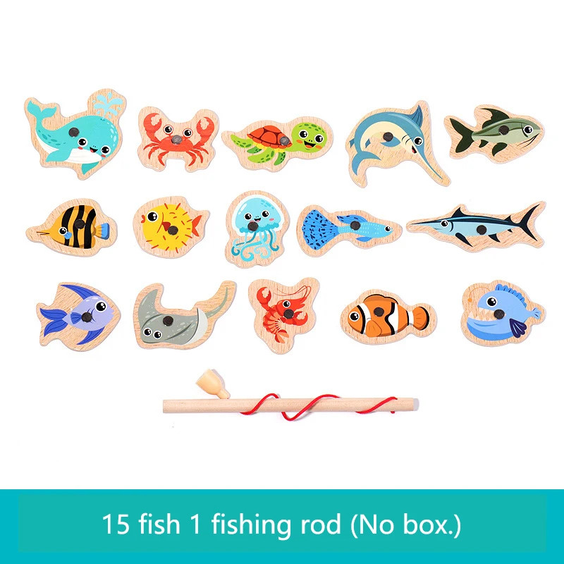 Montessori Wooden Magnetic Fishing Toys Marine Life Cognition Fish Games Early E
