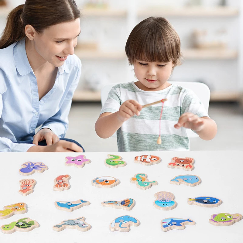 Montessori Wooden Magnetic Fishing Toys Marine Life Cognition Fish Games Early E