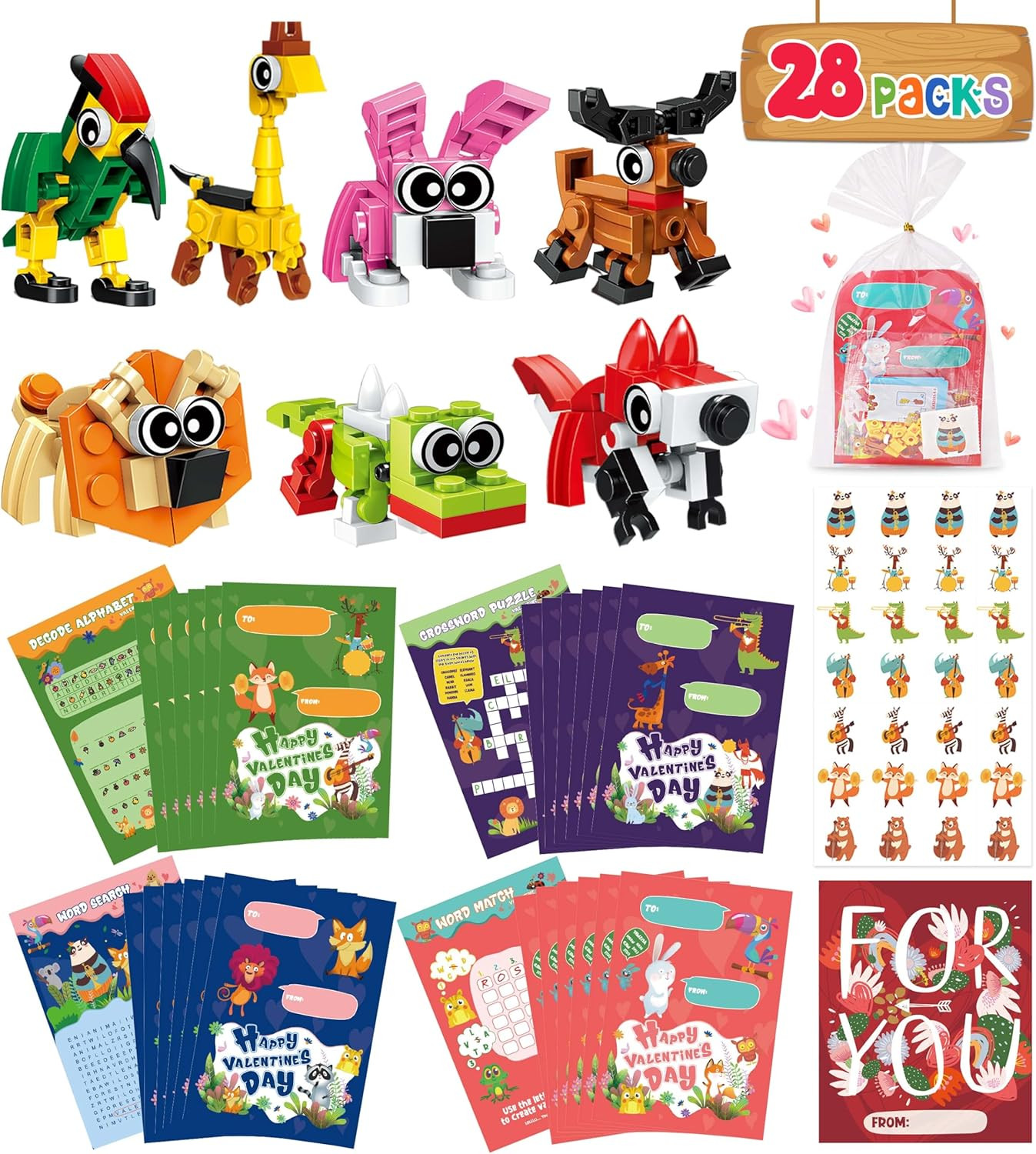 Colplay Valentines Day Gifts for Kids Classroom-28 Pack Animal Building Blocks w