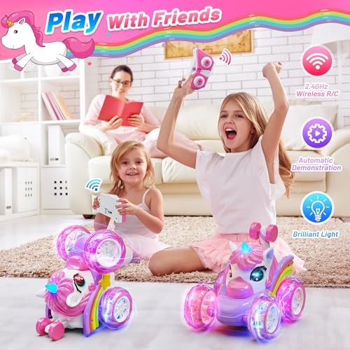 Carsky Unicorn Remote Control Car for Girls,Rechargeable 360°Stunt RC Cars
