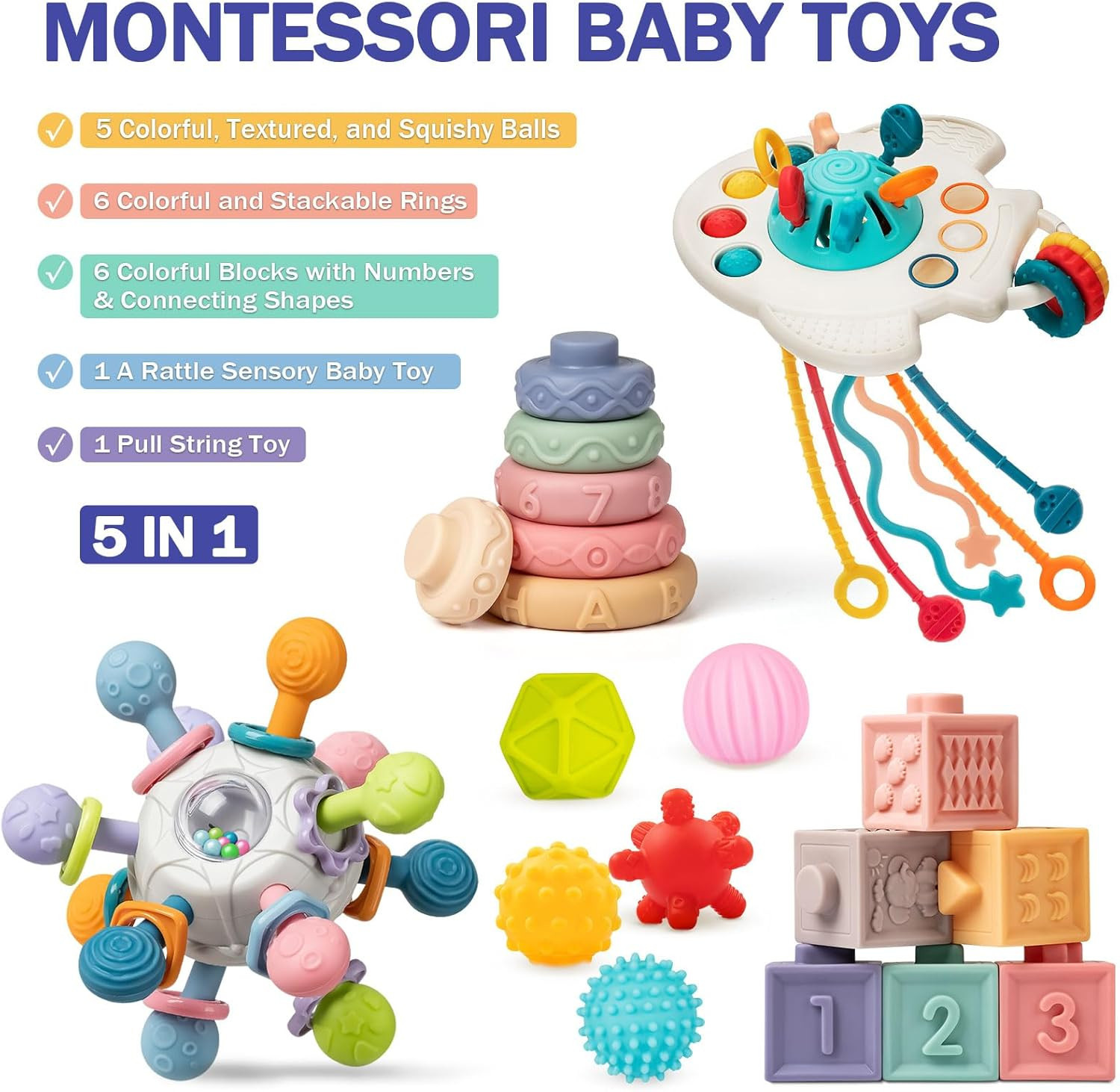 Baby Toys 6 to 12 Months, 5 in 1 Montessori Toys for 1 Year Old, Incl Travel Pul