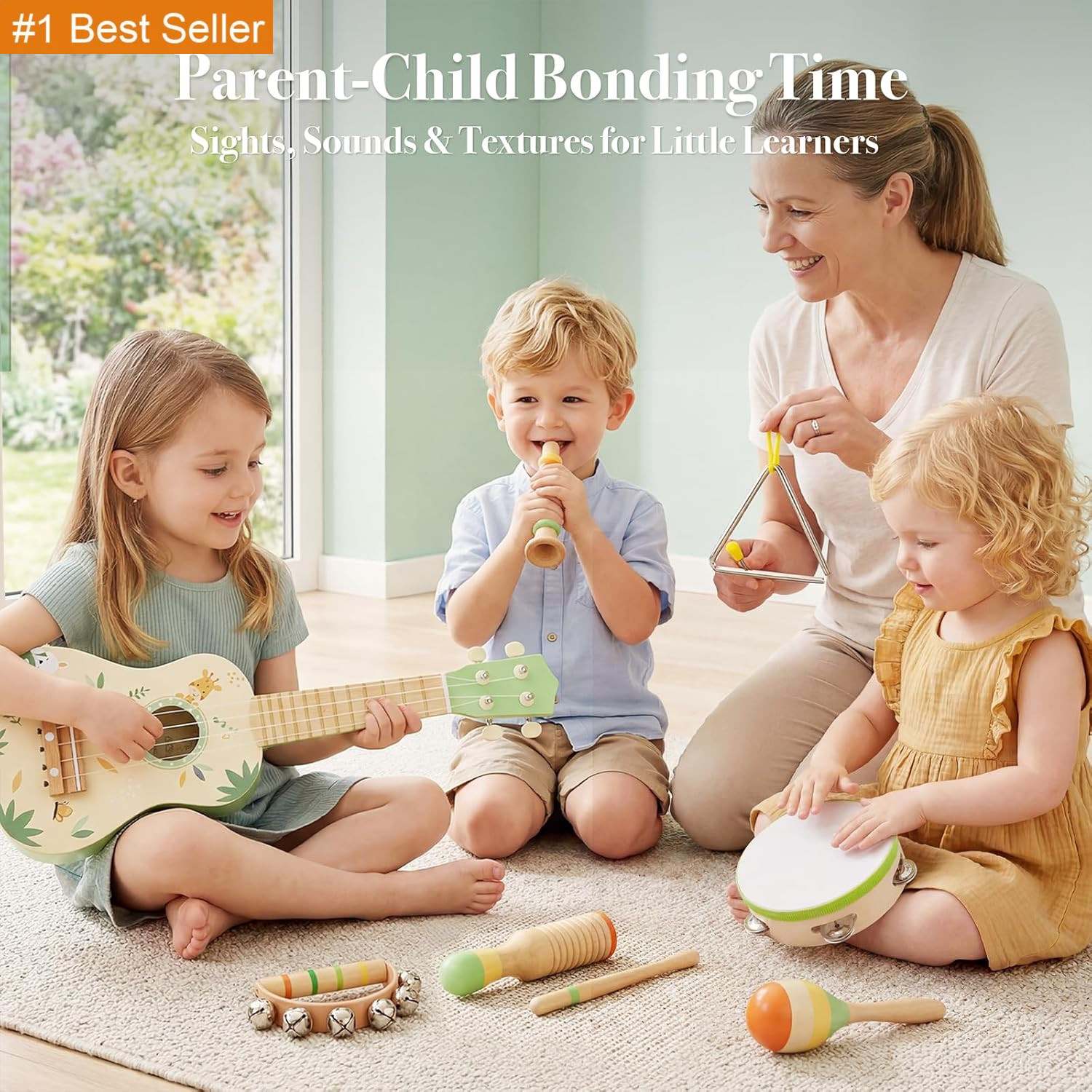 Toddler Guitar Set, 7-In-1 Wooden Baby Musical Instruments Band Includes 17″ Uku