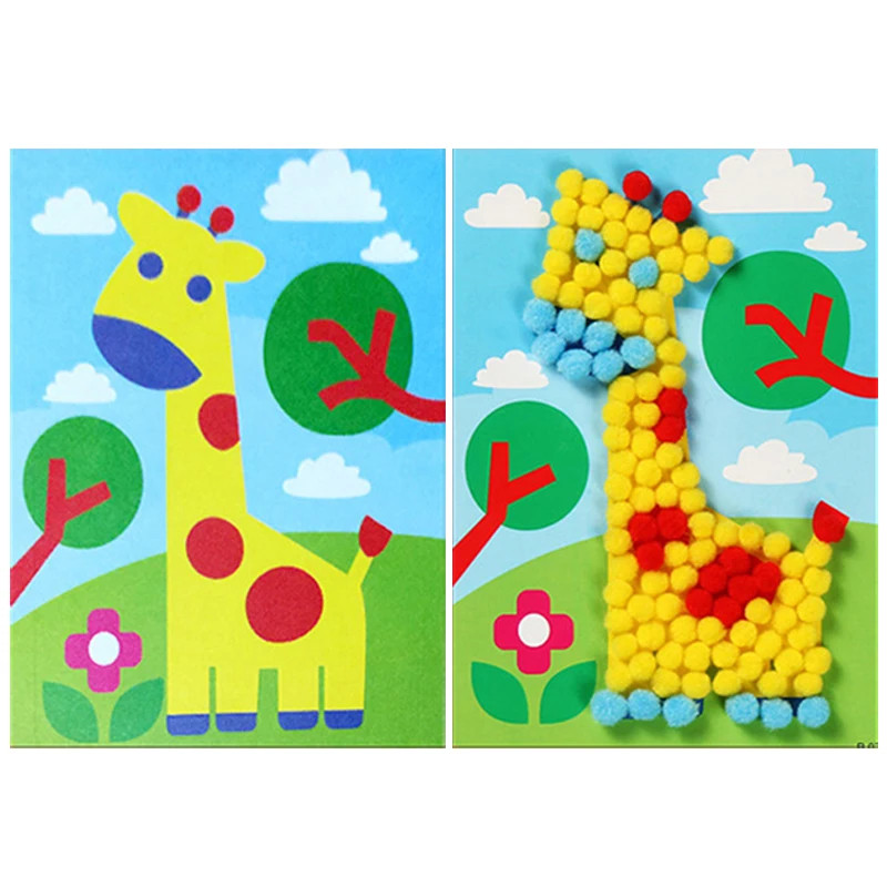 Children Handmade DIY Toys Button/Pompom/Diamond Stickers Drawing Toy Puzzle