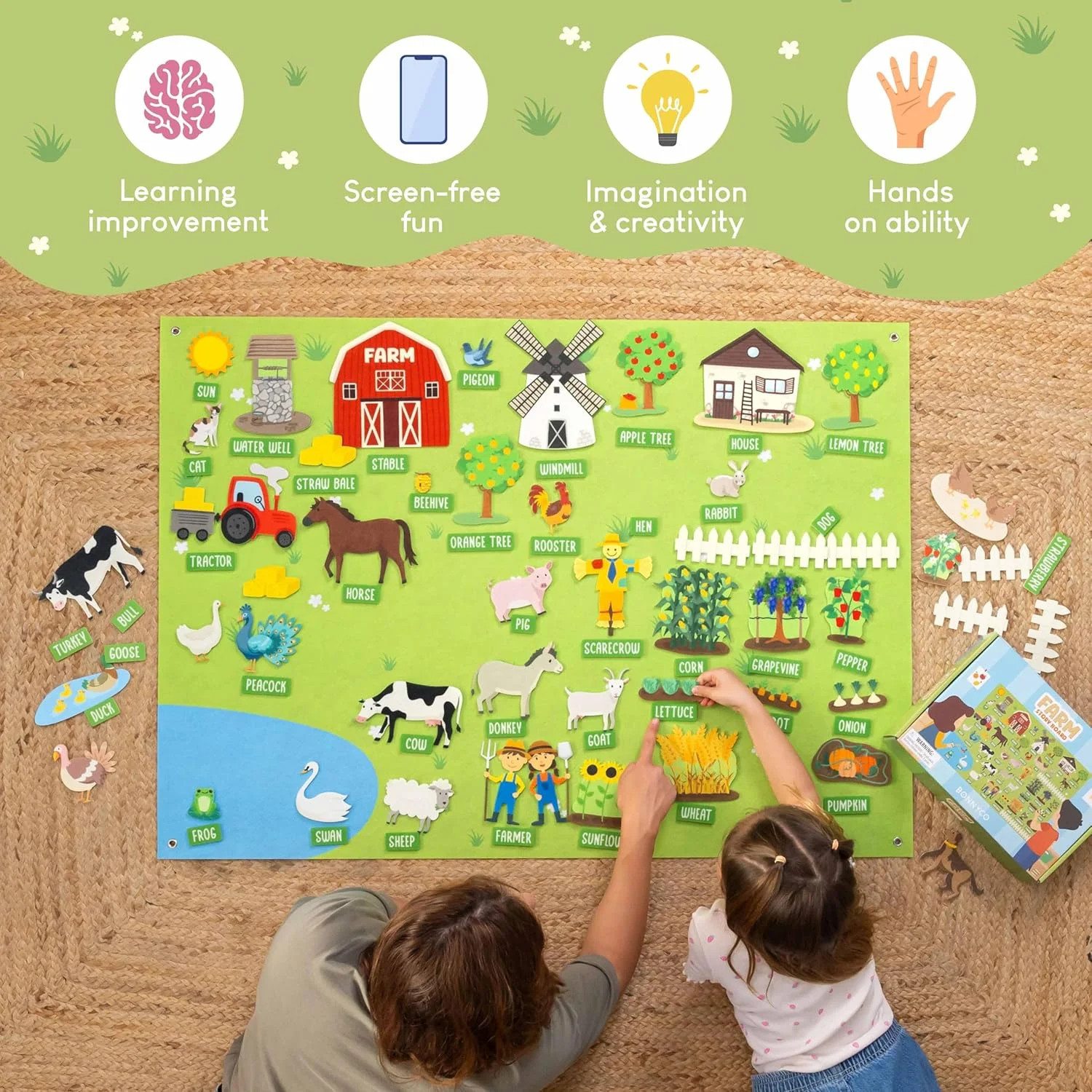 BONNYCO Felt Board for Toddlers with 92 Animal Farm Figures. Montessori and Sens