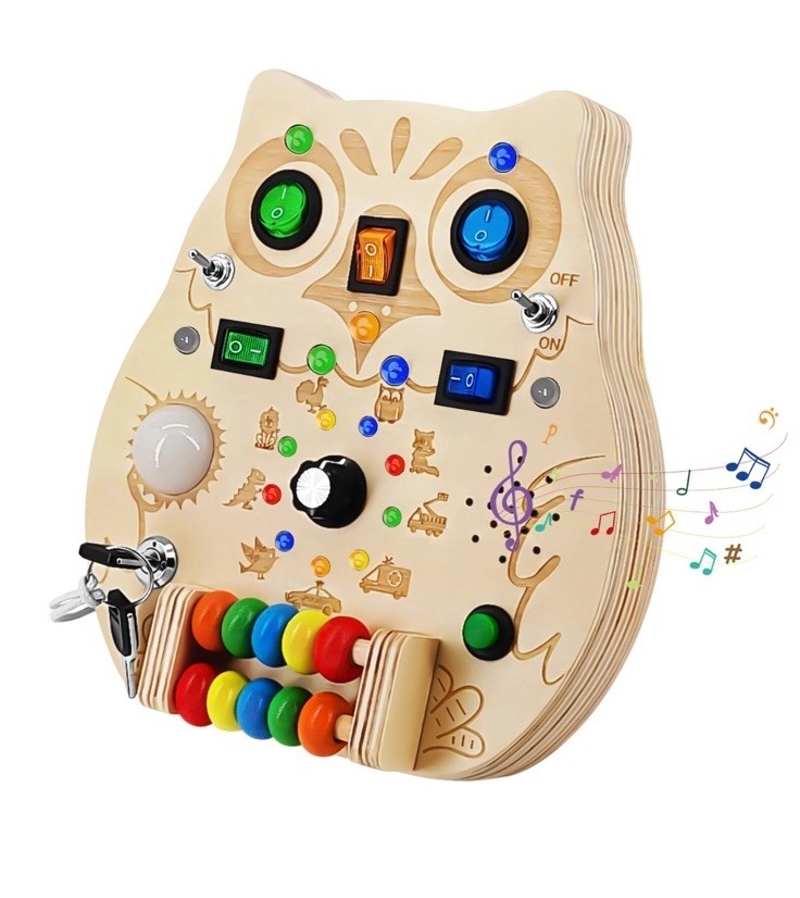 RCPLAGA Montessori Busy Board Wooden Owl Sensory Toy LED Light Switches Music