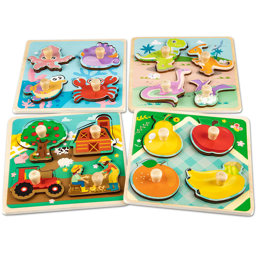 4 Pack Wooden Puzzles For Toddlers Baby Kids 1-3, Animals, Dinosaurs, Fruit