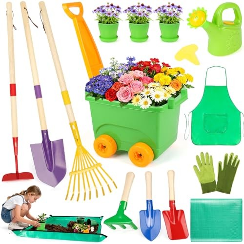 FHOZGECY Kids Gardening Set with Wheelbarrow, Metal Gardening Tools with