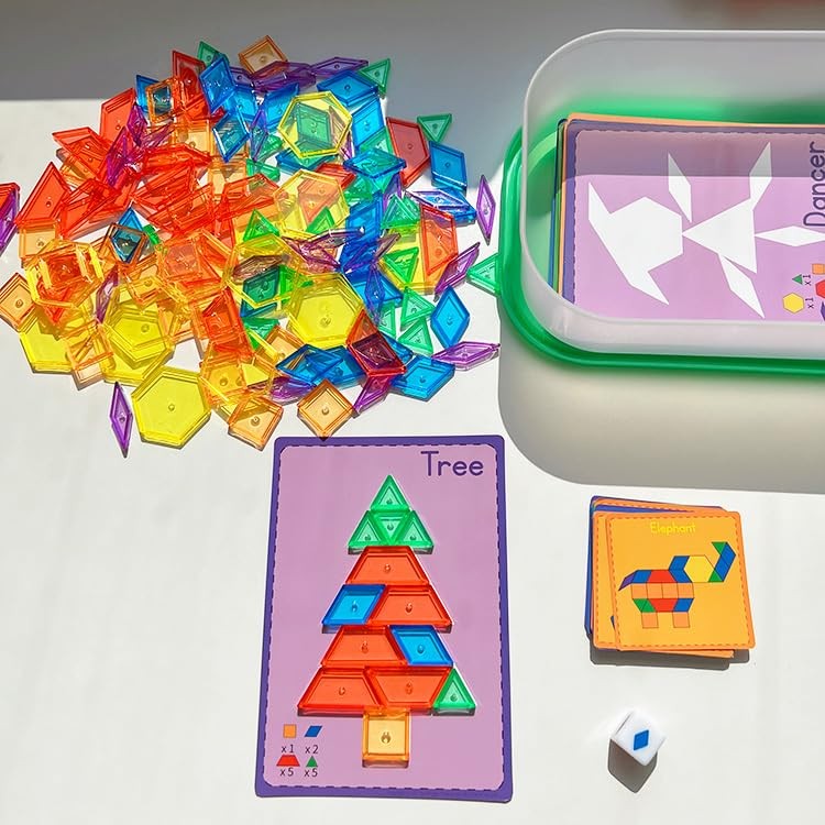 Odoorgames 140 Pcs Translucent Pattern Blocks, Geometric Shapes, Light Table