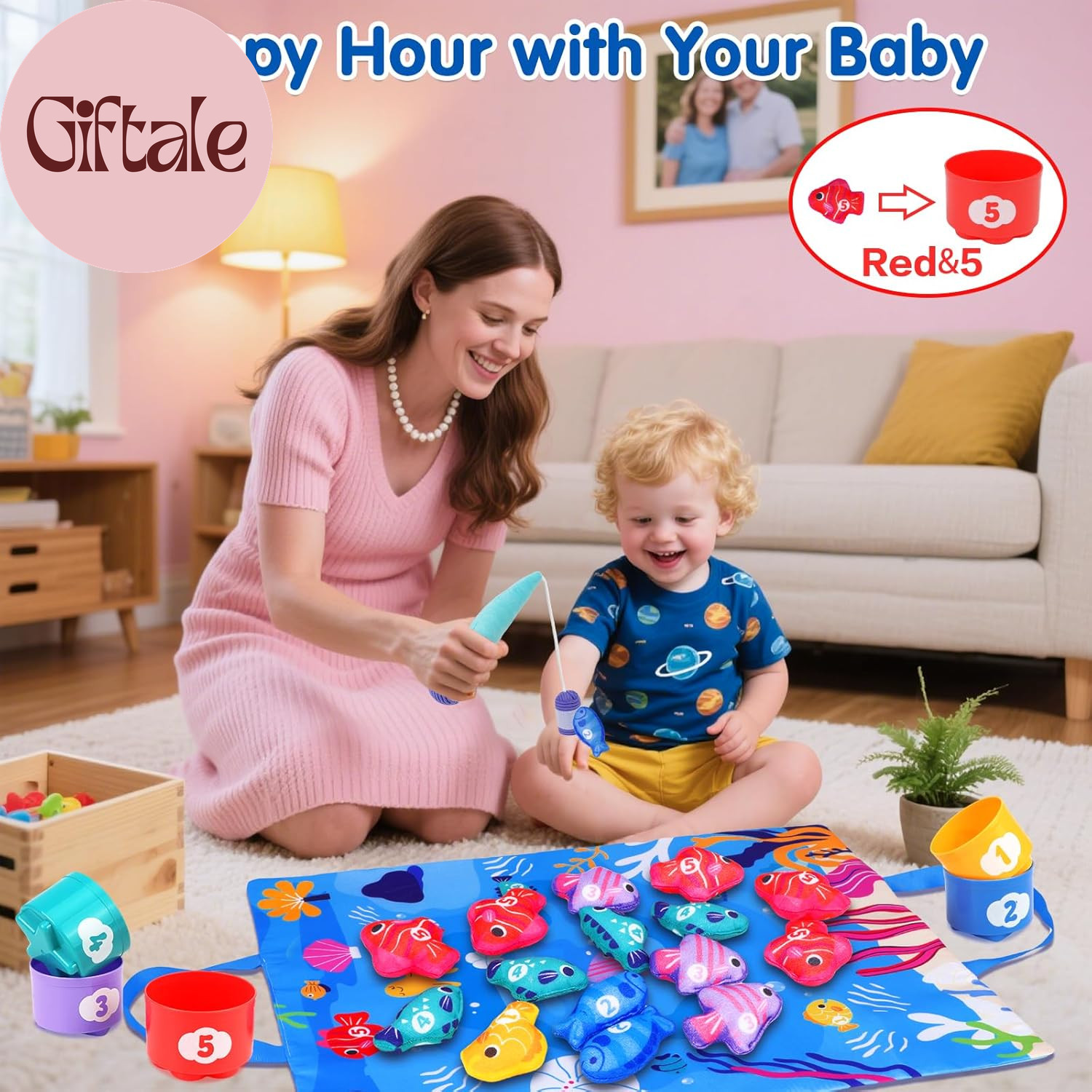 Montessori Toys for 1 Year Old – Cloth Fishing Game with Stacking Cups Toddler T