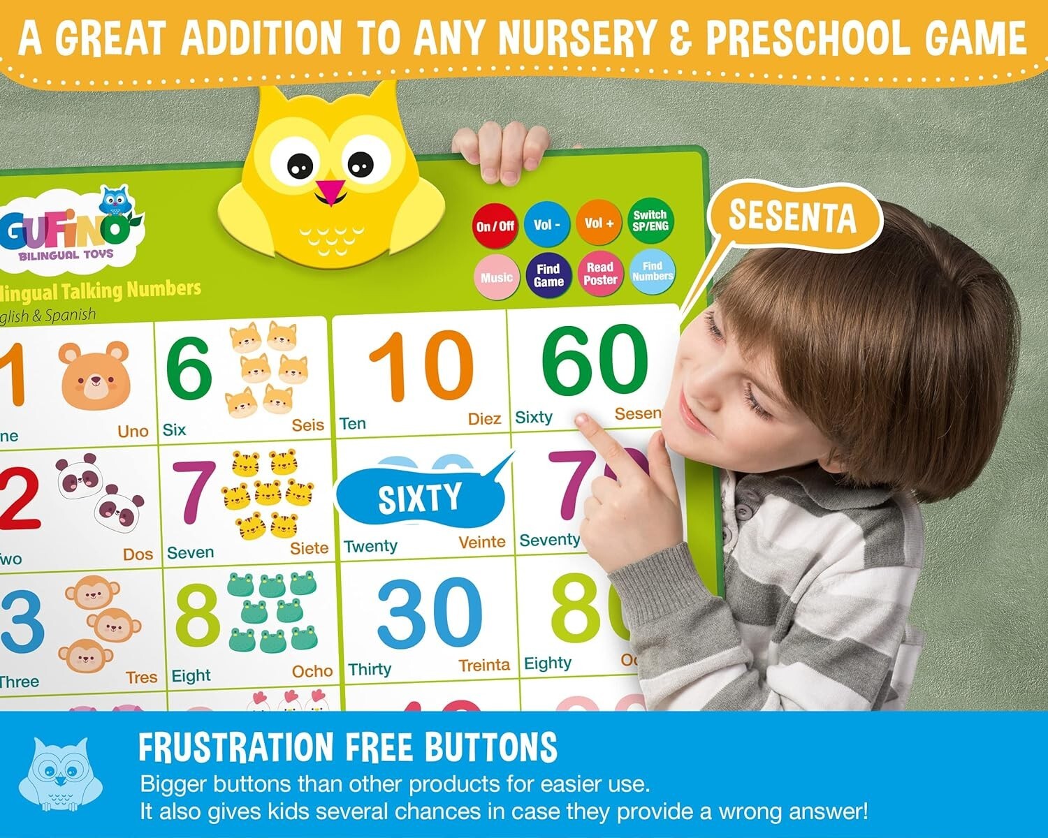 Bilingual Talking Numbers Kids Education Poster English & Spanish Shapes Colors