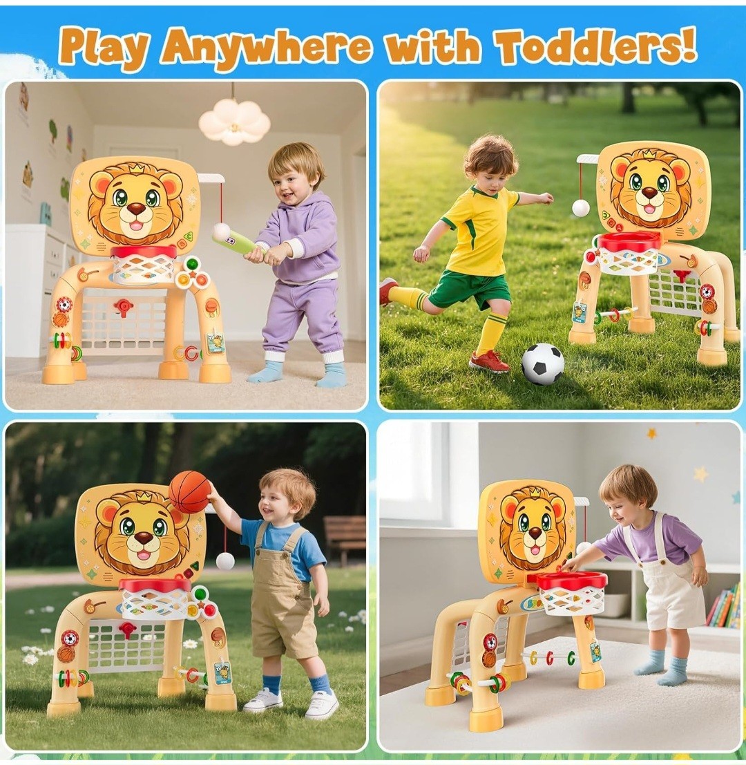 HYES Toddler Basketball Hoop Tball Set & Soccer Goal – Lion Sport Toys for 1…