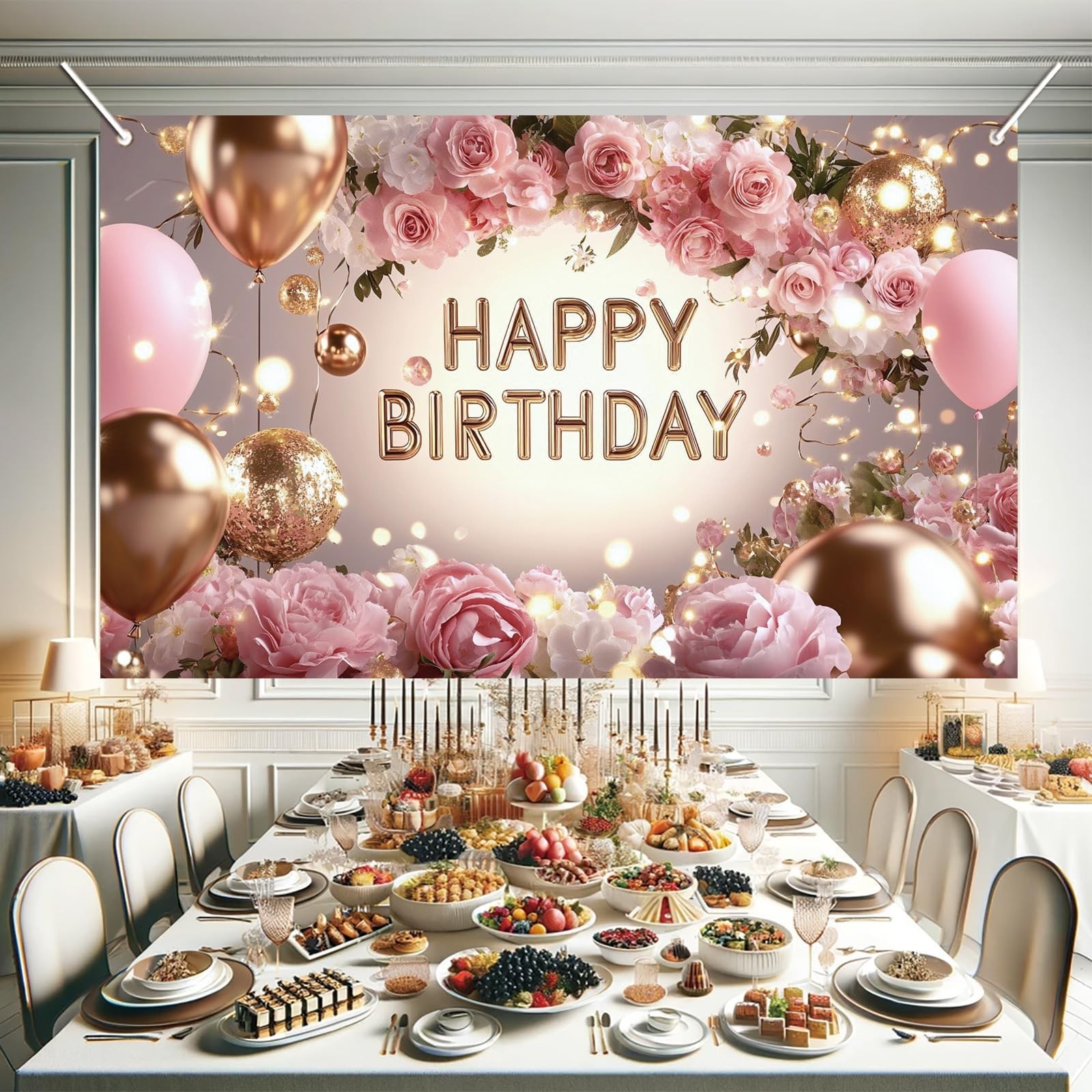 Pink Rose Happy Birthday Backdrop Banner Gold Glitter Crown Photography Backg…