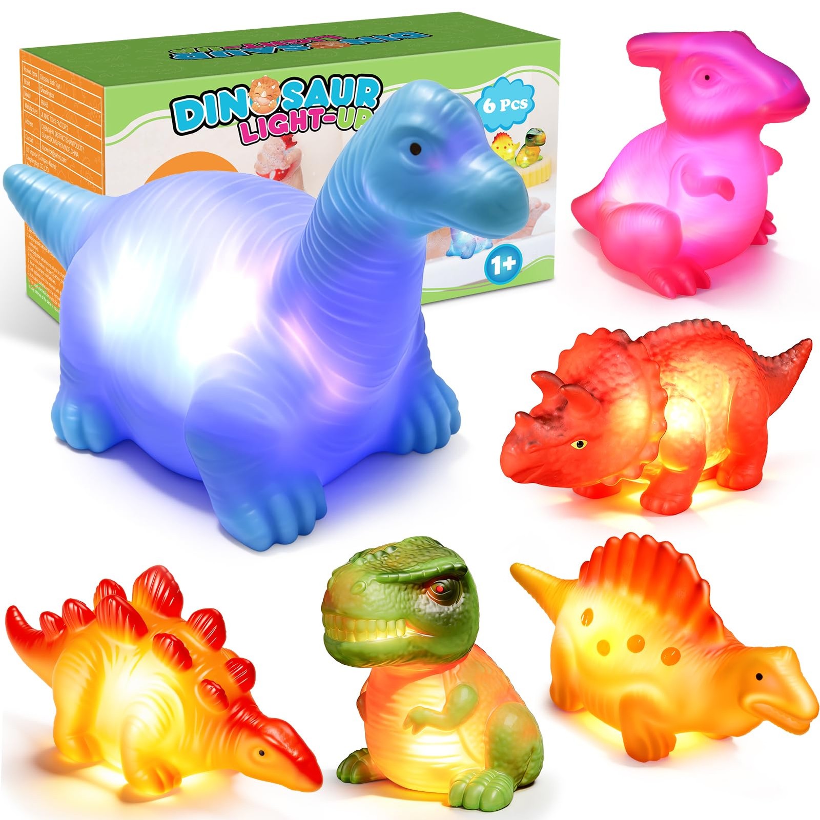 Baby Bath Toys for Toddlers 1-5, 6 Packs Light Up Floating Dinosaur Small