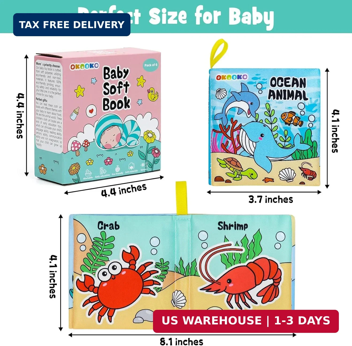 OKOOKO Soft Baby Books 6PCS Soft Cloth Books Bath Books Crinkle Washable Non-Tox