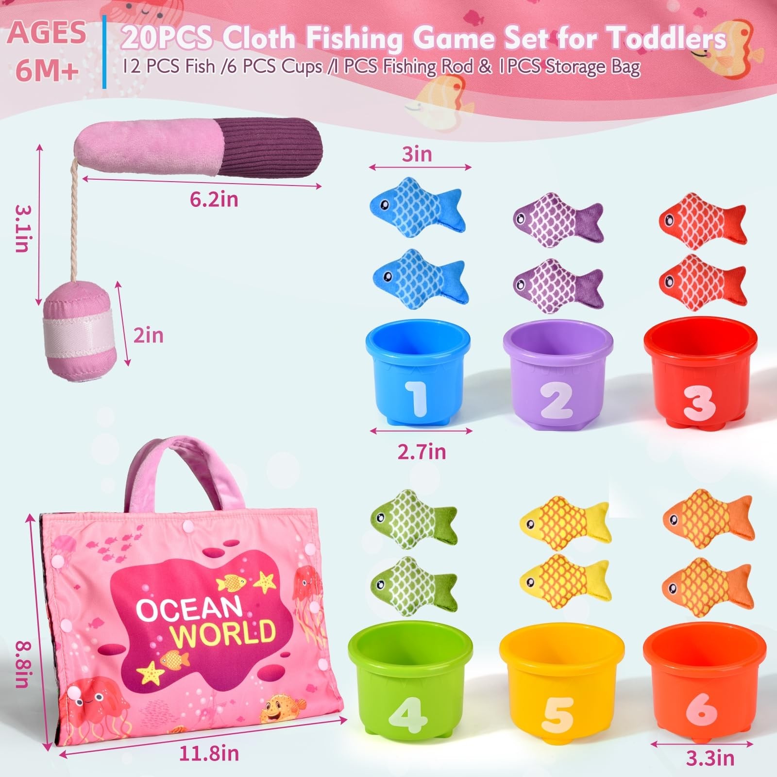 Montessori Toys for 1 Year Old – 20PCS Cloth Toddler Pink Fishing Game with S…