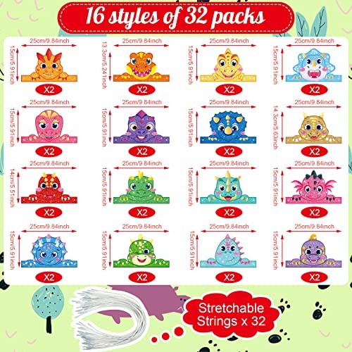 Leinuosen 32 Packs Dinosaur Party Hats for Kids Paper Headbands Dinosaur for