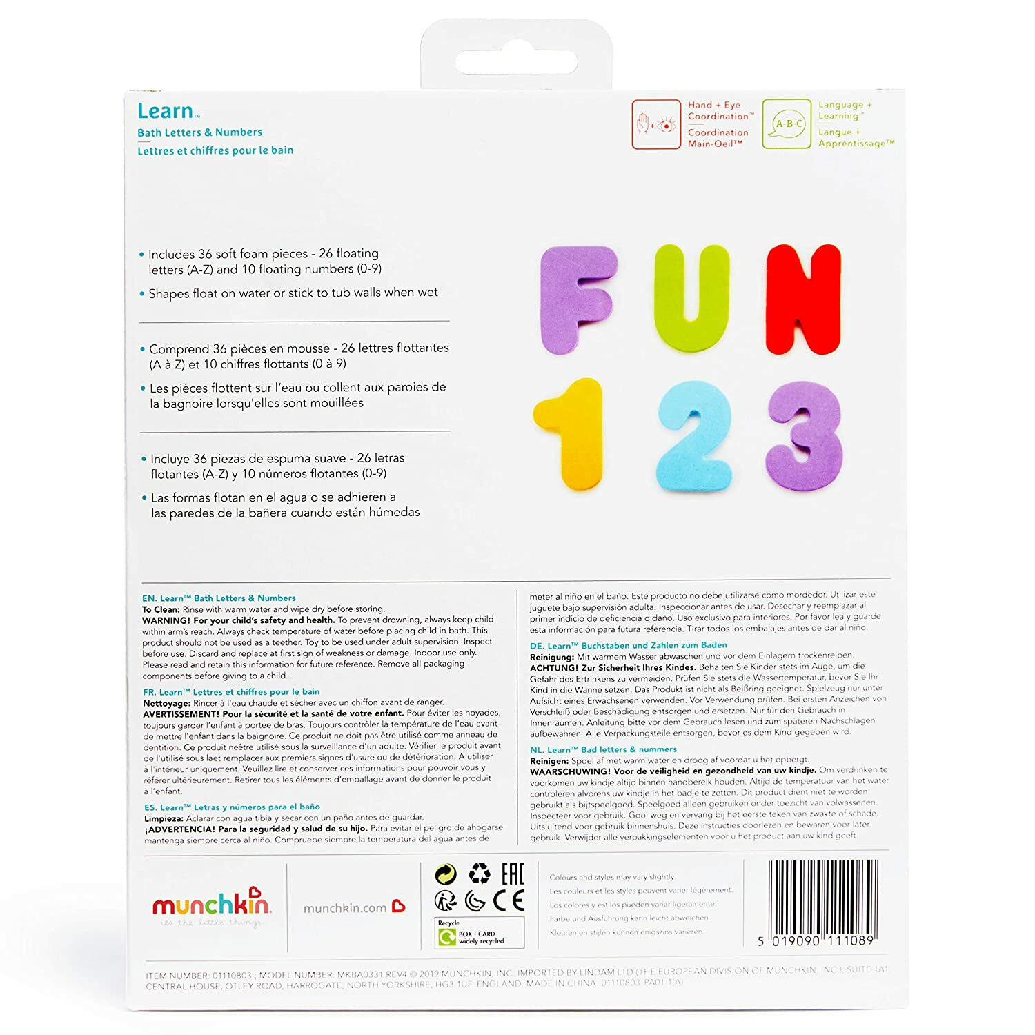 MUNCHKIN 36 BATH FLOATING LETTERS & NUMBERS, 3.15 IN TALL, STICKS TO WALL