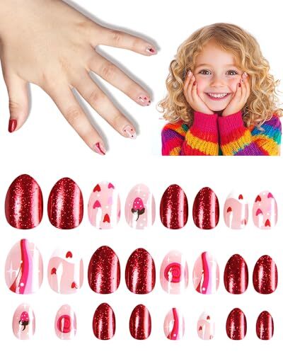 Press on Nails for Kids,tween Girls Trendy Stuff Fake Nails Kit,Pre-glue red