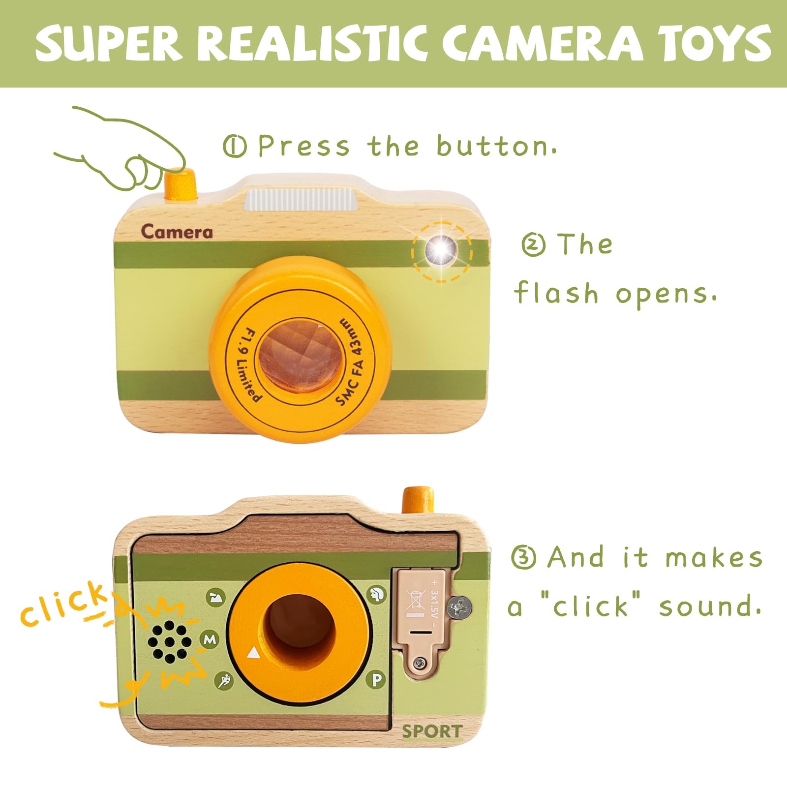 Wooden Mini Pretend with Real Sounds and Light for Toddlers 3 Years Old, Neck…