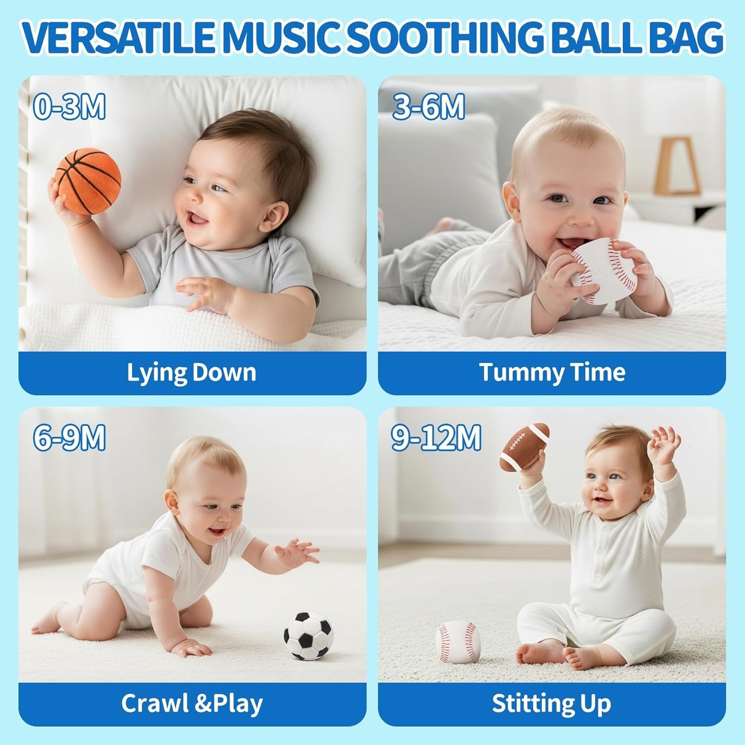 Baby Toys Fabric Sensory Balls Musical Mirror Sports Bag Gift 0-12M