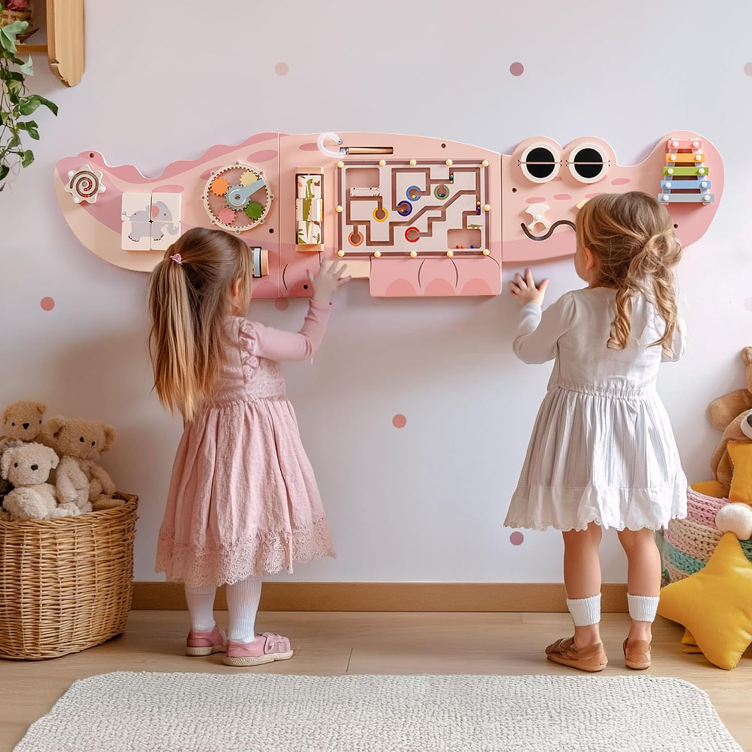 Pink Montessori Crocodile Busy Board Wall Panel for Toddler Fun & Learning