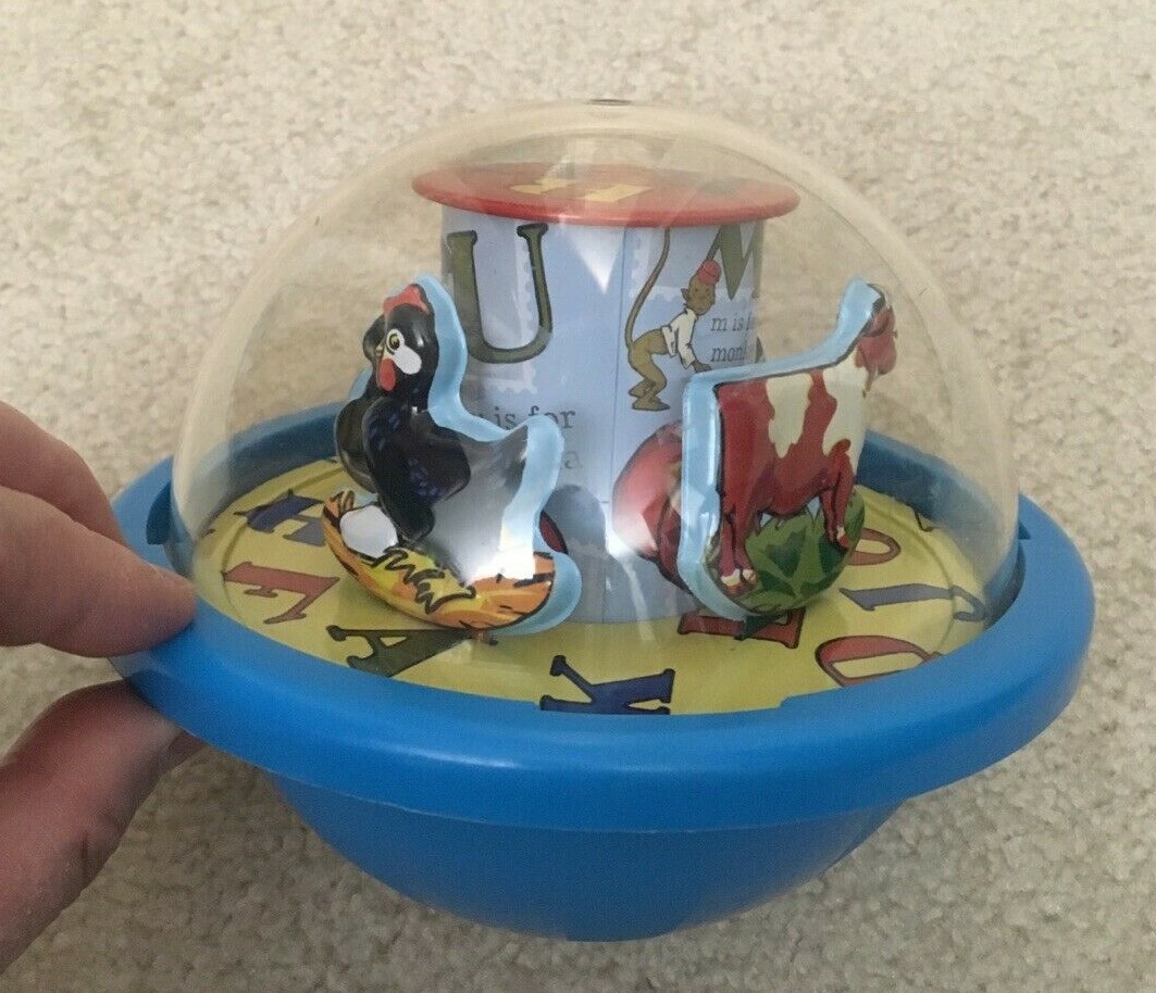 Schylling Baby Tin Chime Ball Blue ABC Animals 6.5″ Diameter Sensory Toy 2010