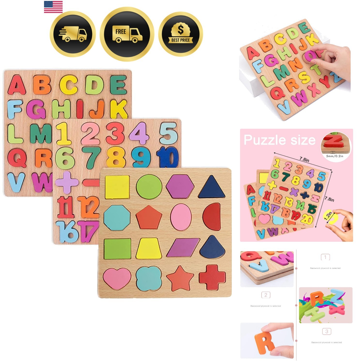Wooden Puzzles for Toddlers, 3pack Alphabet Shape Puzzles for Kids 3 Wooden M…