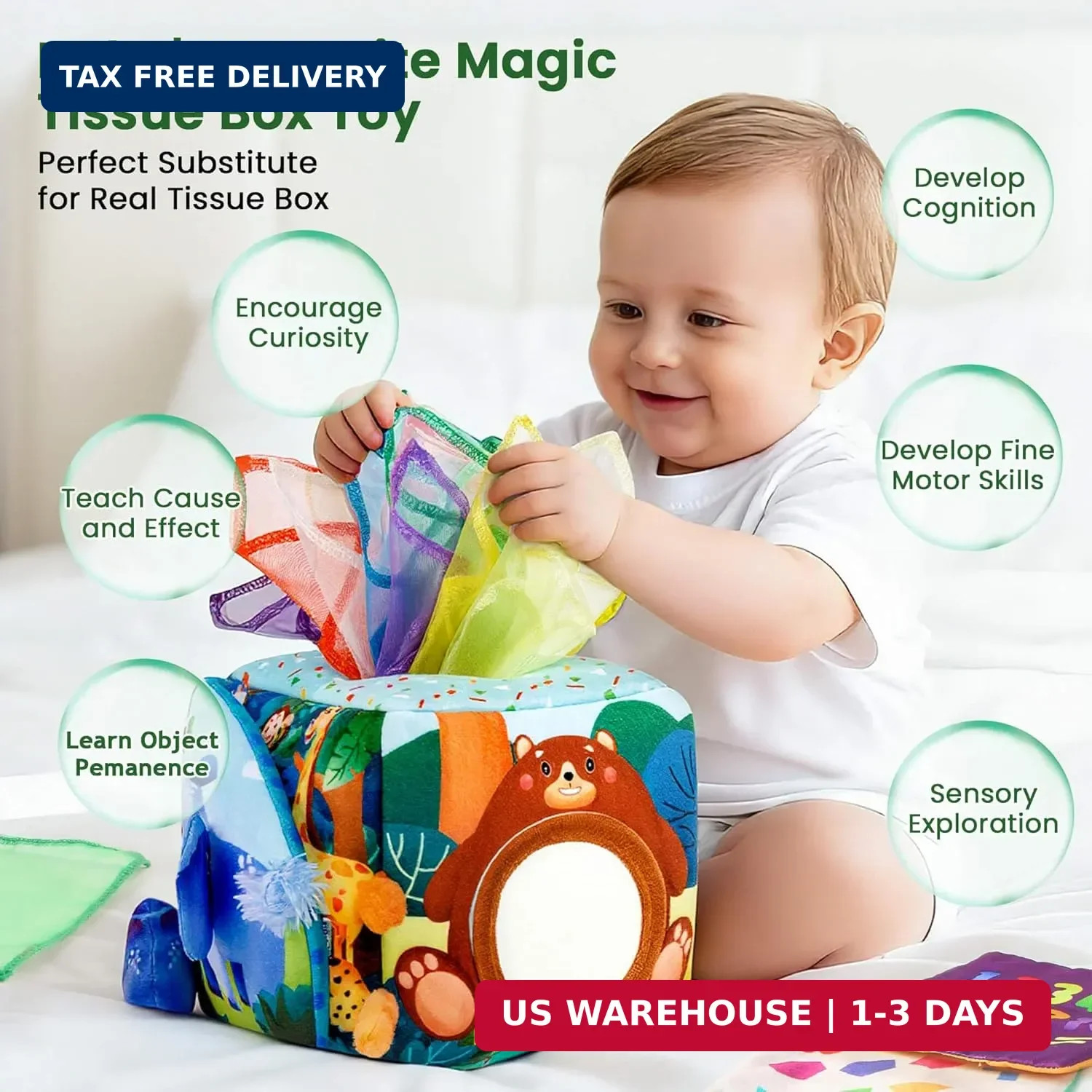 Baby Toys 6-12 Months – Baby Tissue Box Toy for 6 9 12 18 Months Old Montessori