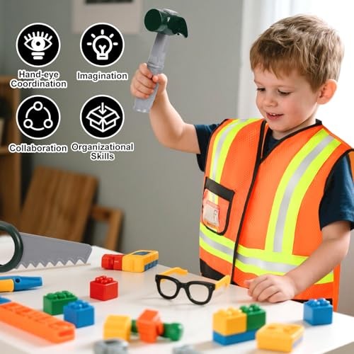 Kids Tool Set for Boys Girls 3-5 Years, Construction Worker Costume with Hat,