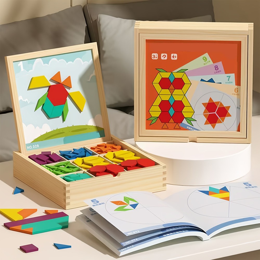 Wooden Magnetic Tangram Puzzle Set Geometric Shape Learning Toy for Preschoolers