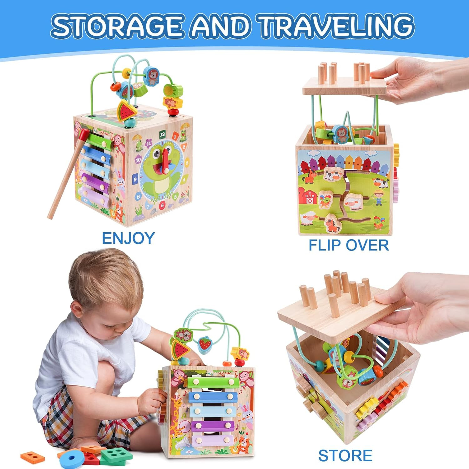Wooden Activity Cube | Montessori Toys for 1 2 3 Year Old Toddlers | One Year Ol
