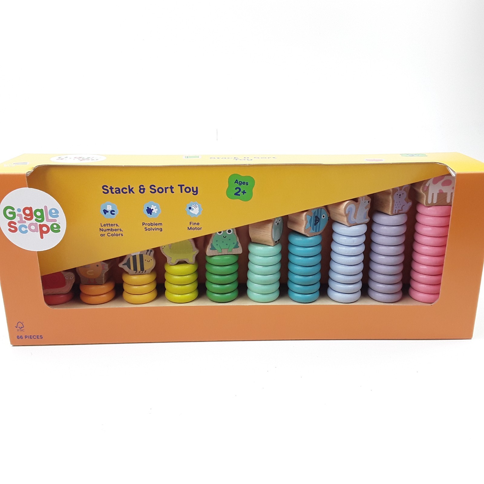 Gigglescape Stack & Sort Toy 66pcs Letters Numbers Colors Fine Motor Animals