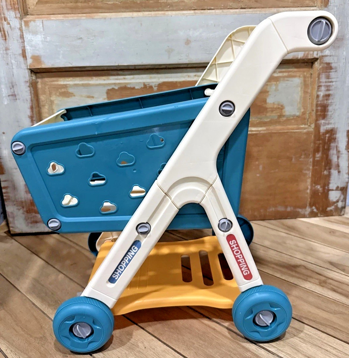 Funny Happy Shopping Cart Kids Pretend Play Toy Grocery Cart 18″ Blue White