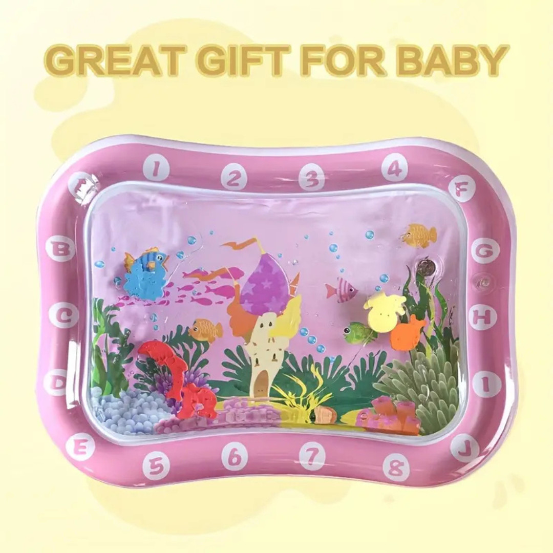 Pink Inflatable Baby Tummy Time Water Mat with Colorful Floating Toys