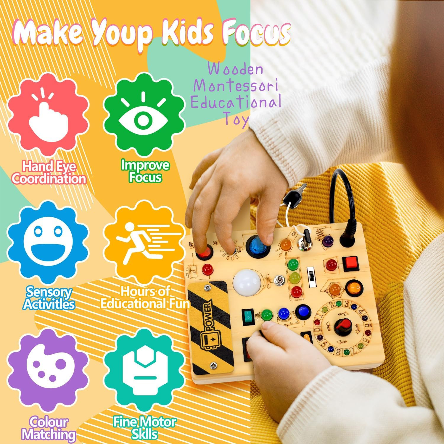 Busy Board with LED Light Switches, Montessori Toys for 1 2 3 Years Old, Toddler